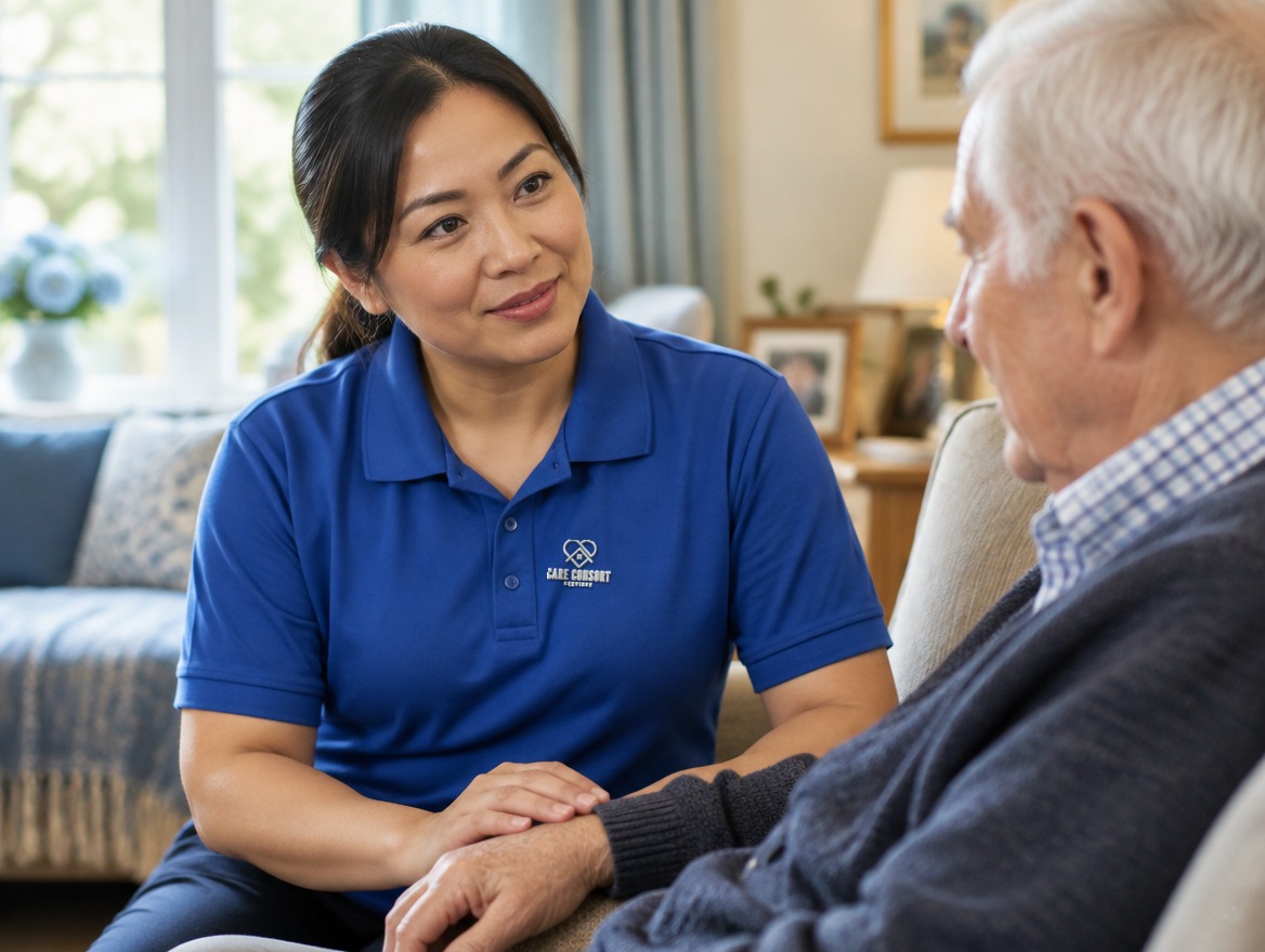 Care Consort carer in a royal blue uniform listening attentively to an older man at home