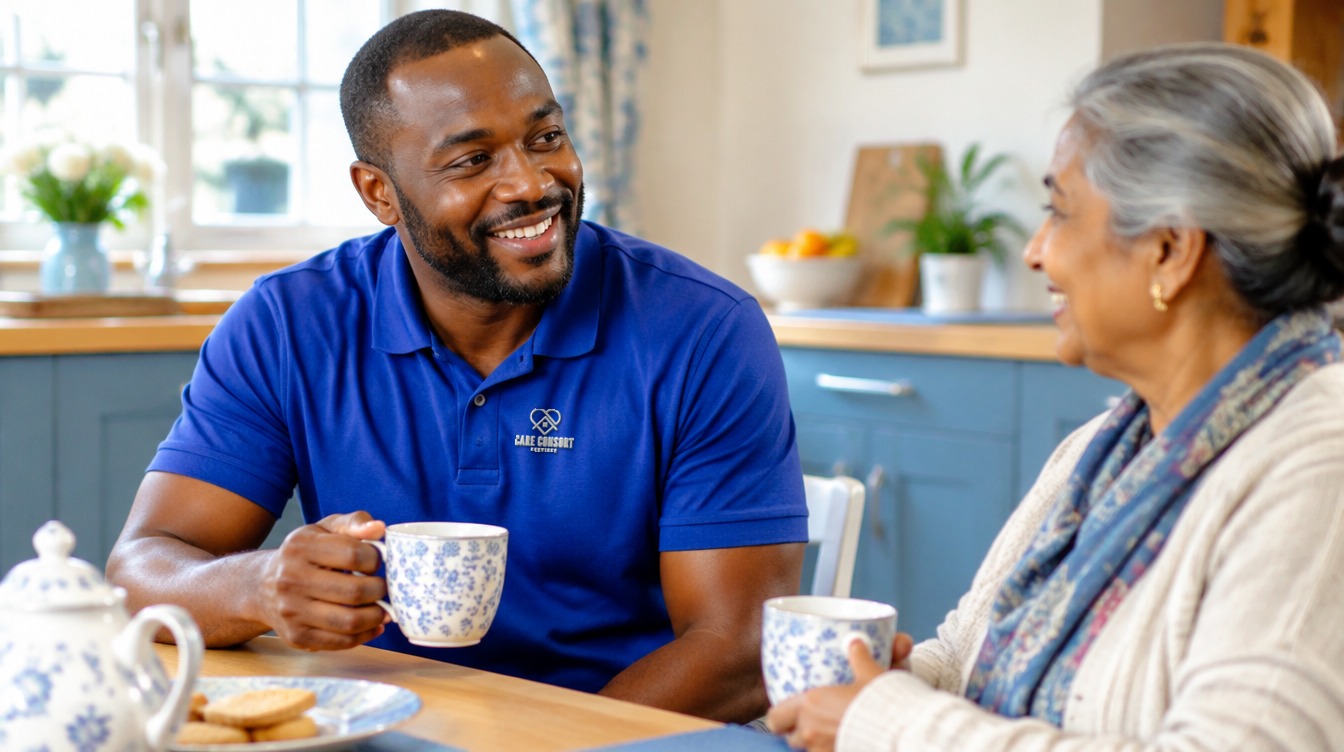 Care Consort carer in a royal blue uniform sharing tea and conversation with an older South Asian woman at home