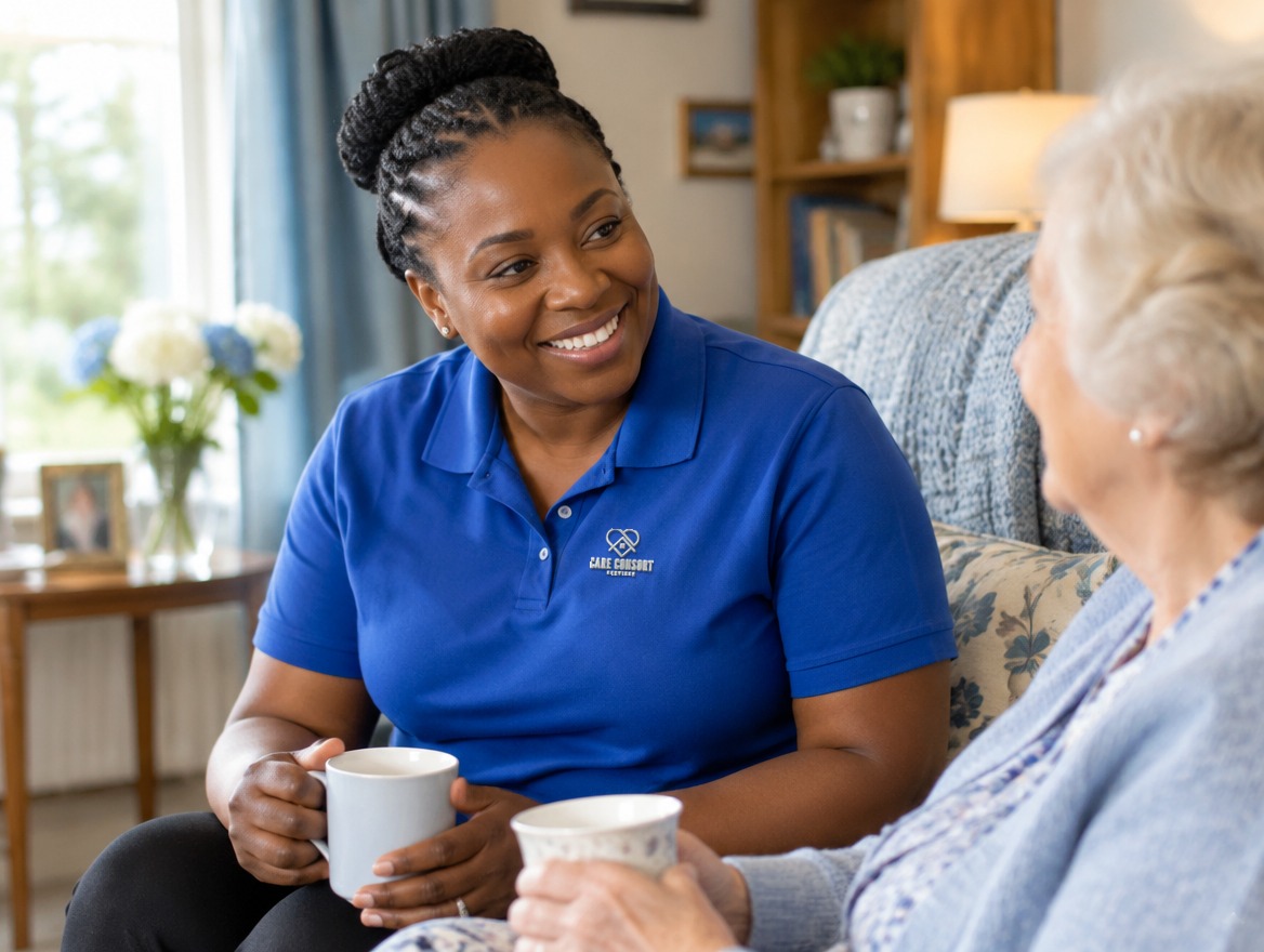Care Consort care worker in a royal blue uniform enjoying a warm conversation with an older woman at home