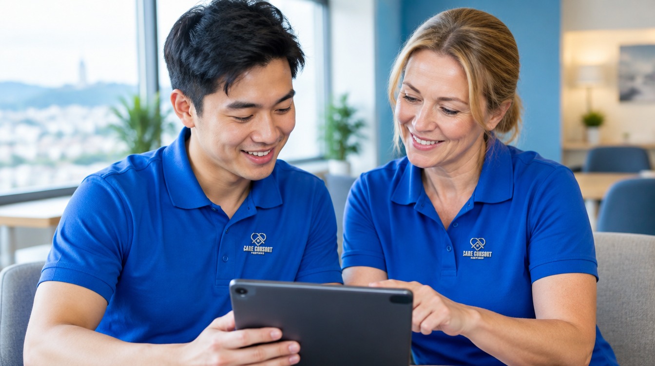 Care Consort carer in a royal blue uniform being mentored by a colleague during training in Sheffield