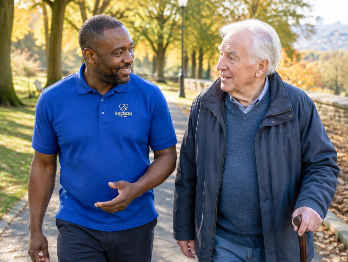 Care Consort carer in a royal blue uniform supporting someone at home: Companionship & Social Support