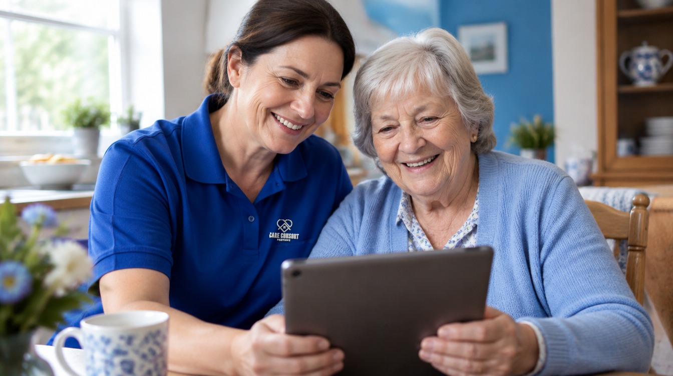 Care Consort carer in a royal blue uniform supporting someone in everyday life: Companionship & Social Support