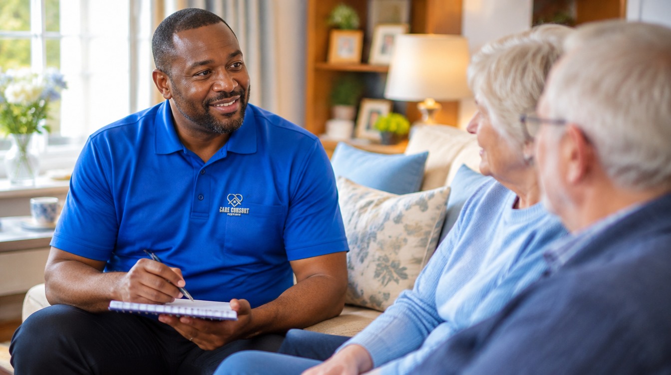 Care Consort assessor in a royal blue uniform carrying out a home care assessment with an older couple in Sheffield