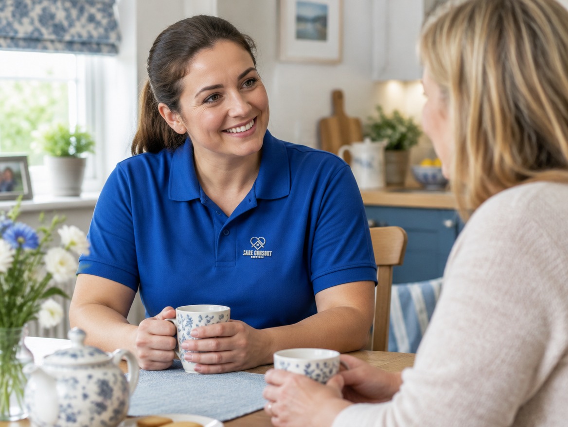 Care Consort carer in a royal blue uniform reassuring a woman arranging care for her parent in Sheffield