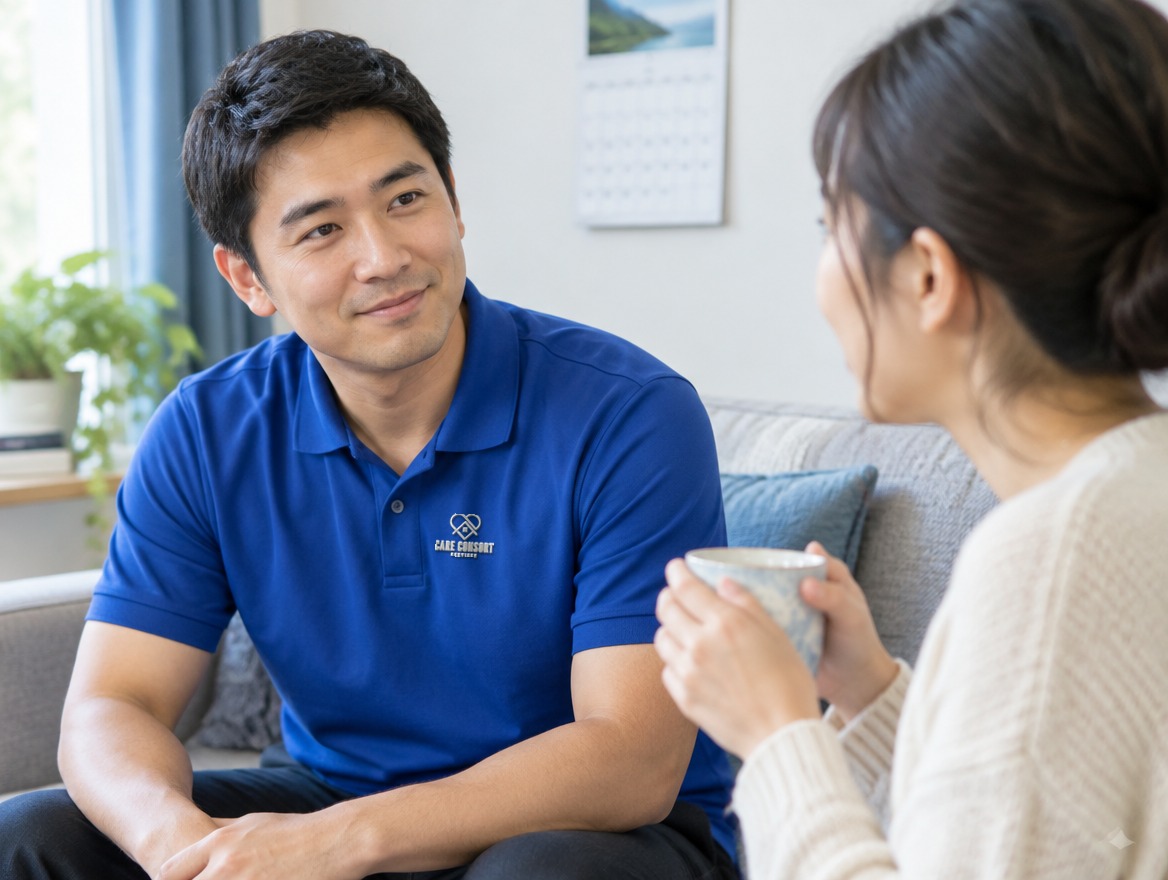 Care Consort support worker in a royal blue uniform listening to a young woman during a mental health support visit at home