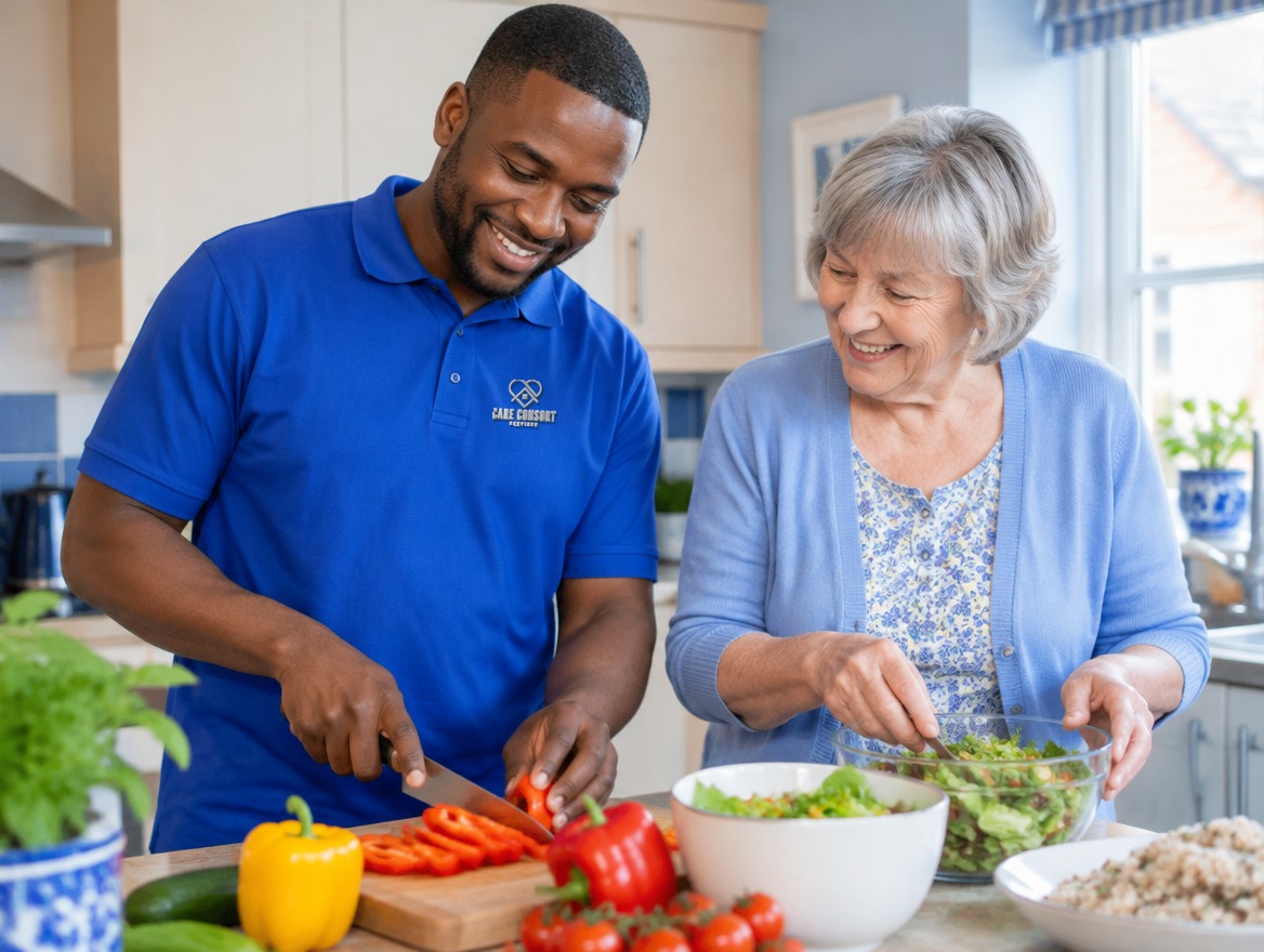 Care Consort carer in a royal blue uniform preparing a meal with an older woman in her Sheffield home