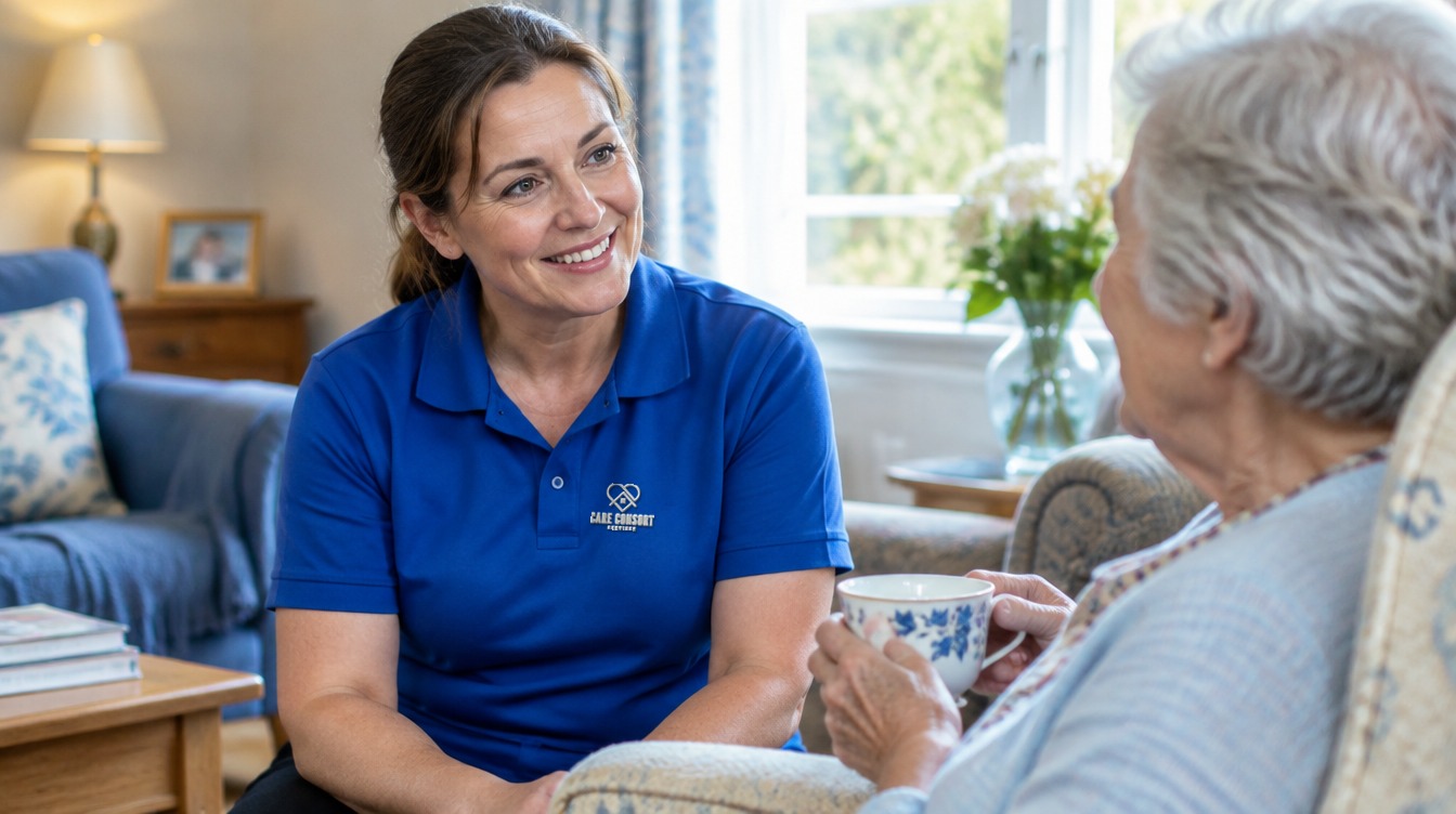 Care Consort carer in a royal blue uniform chatting with an older woman at home in Sheffield