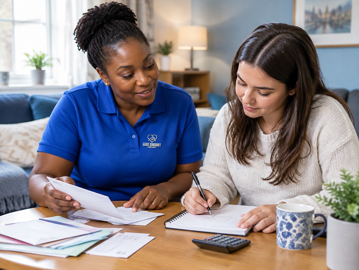 Care Consort carer in a royal blue uniform supporting someone at home: Independent Living & Community Support