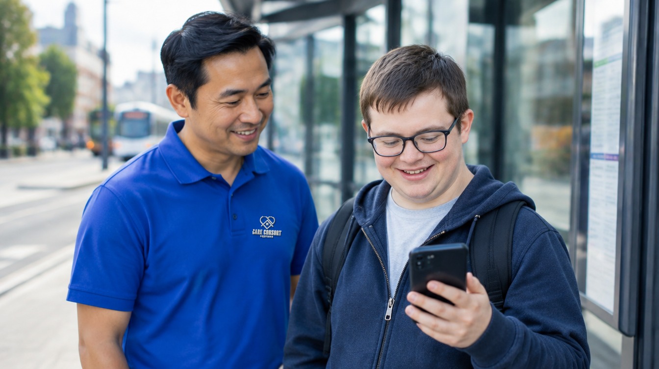 Care Consort carer in a royal blue uniform supporting someone in everyday life: Independent Living & Community Support