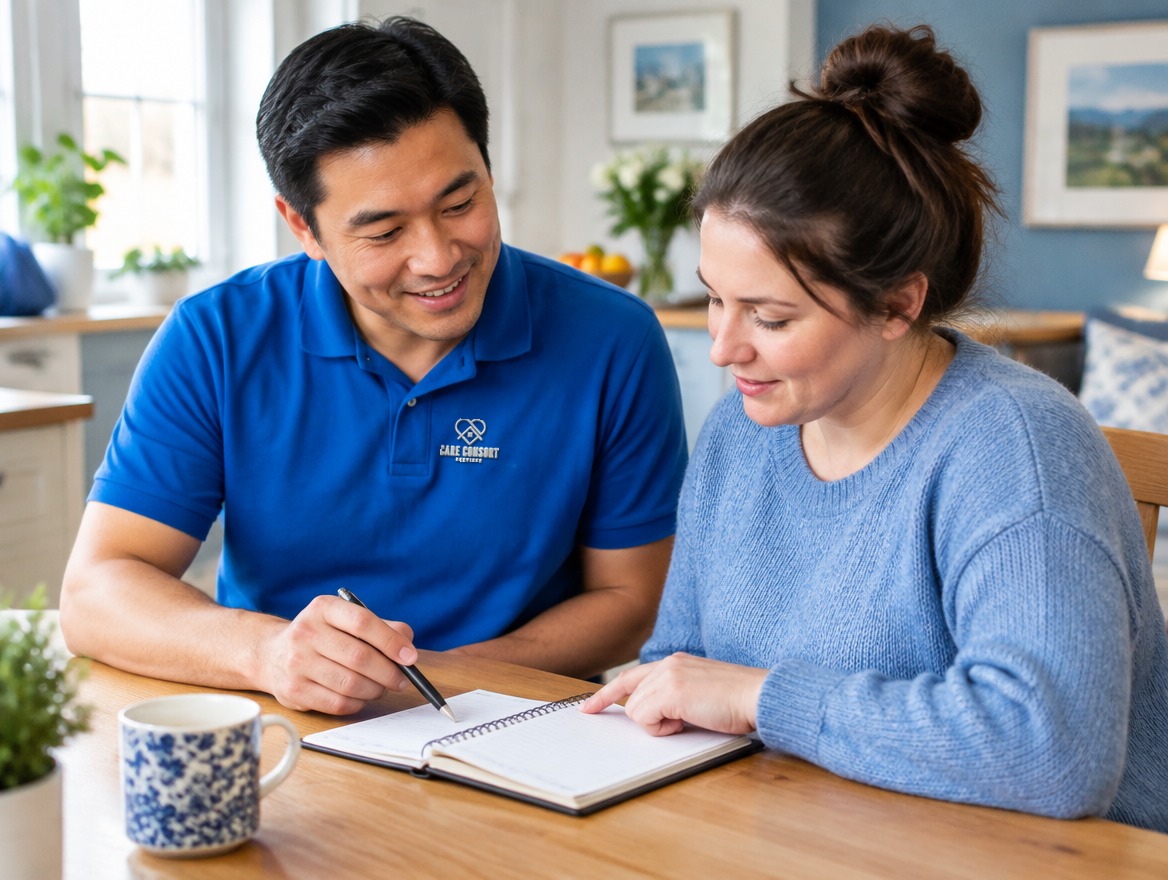 Illustrative: a Care Consort support worker helping someone plan their week at home. Not a photograph of our founder.