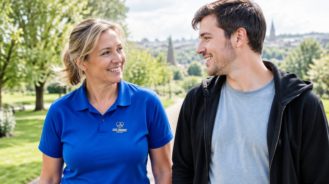 Care Consort carer in a royal blue uniform supporting someone at home: Mental Health Support
