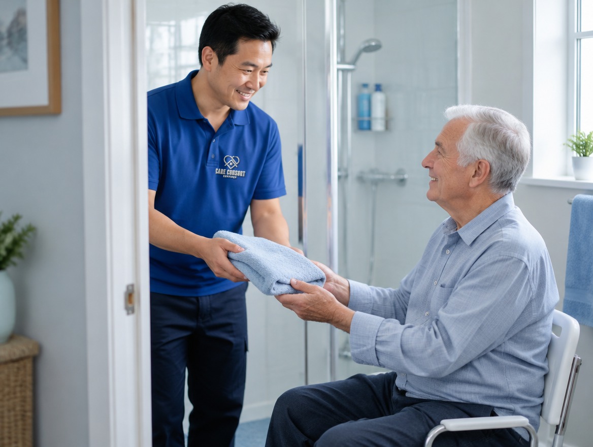 Care Consort carer in a royal blue uniform supporting someone at home: Personal Care