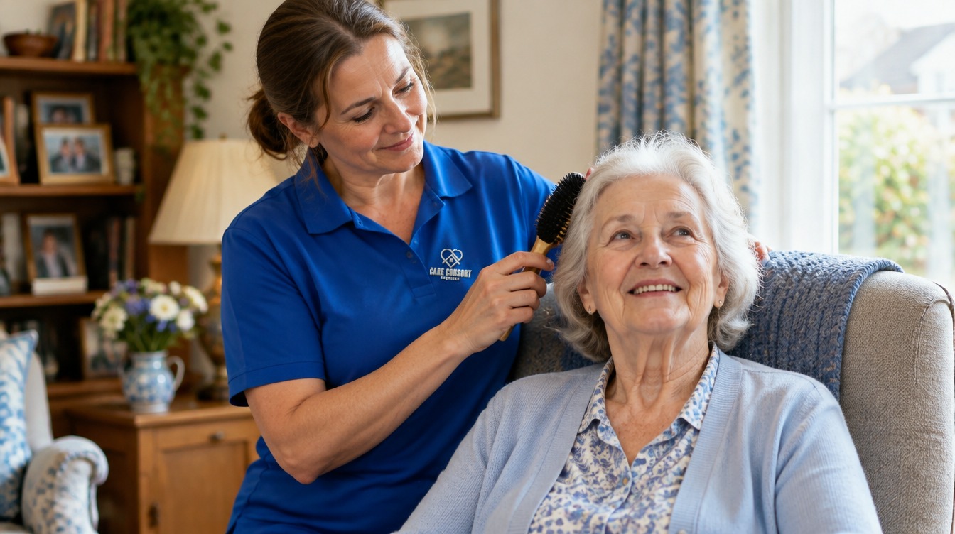Care Consort carer in a royal blue uniform supporting someone in everyday life: Personal Care