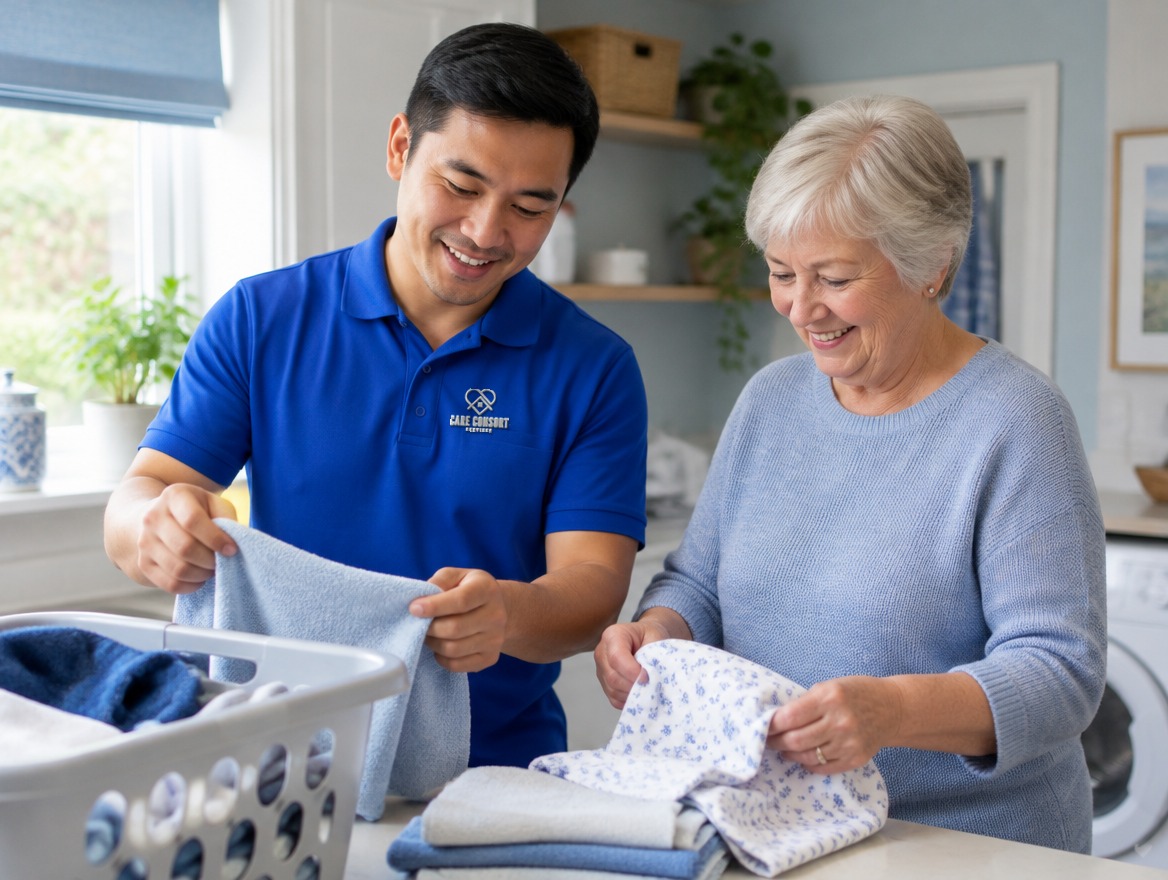 Care Consort carer in a royal blue uniform supporting someone at home: Practical Support at Home