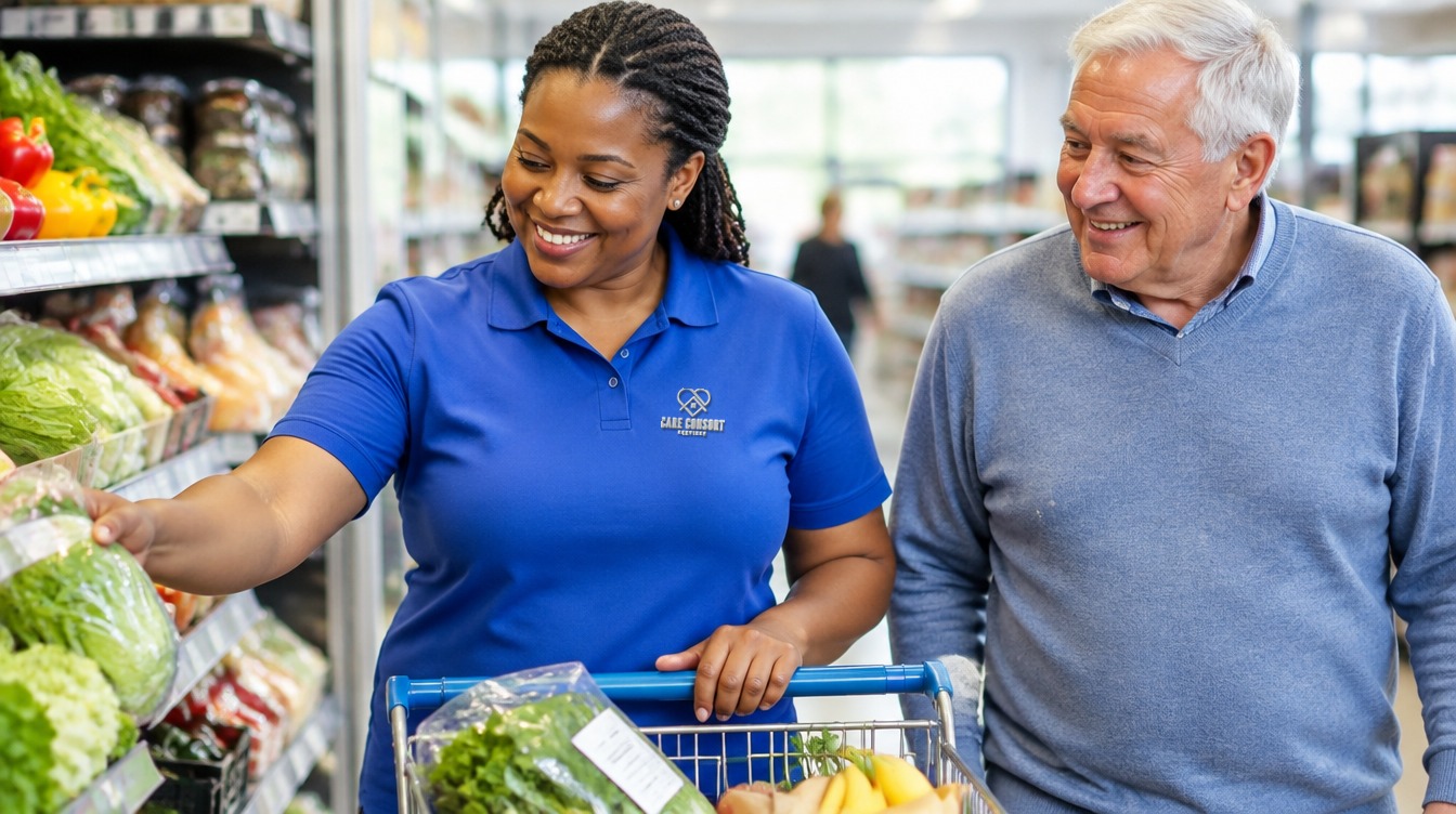 Care Consort carer in a royal blue uniform supporting someone in everyday life: Practical Support at Home